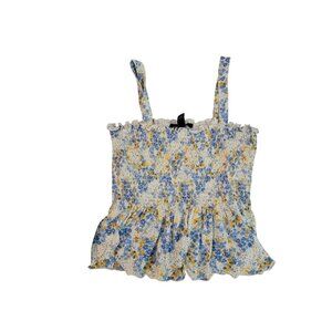 Forever 21 Floral Smocked Ruffle Top L Blue Yellow White